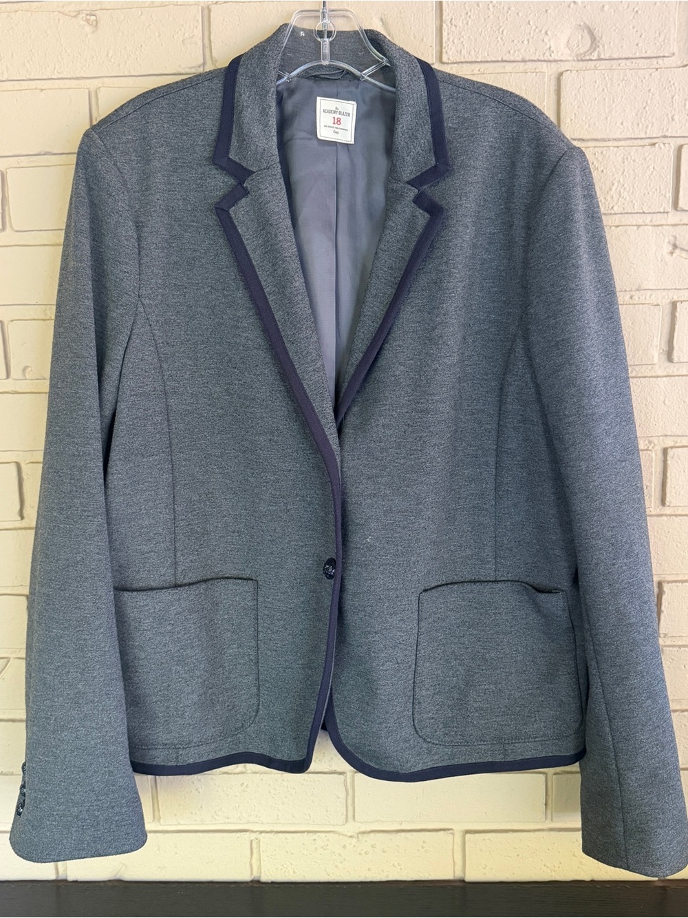Gap The Academy Blazer Sz 18 Gray Navy Trim Prep School Coastal Collegiate Twee
